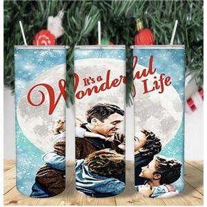 It's A Wonderful Life Christmas Tumbler 20 oz Metal Hot/Cold  With Straw